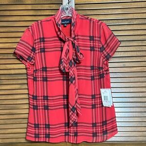 NWT Evan Picone Red & Black Plaid Tie Neck Short Sleeve Blouse Size 6